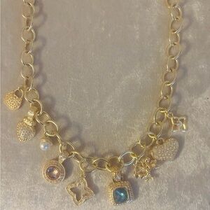 Gold Charm Necklace with Blue and Pink Accents